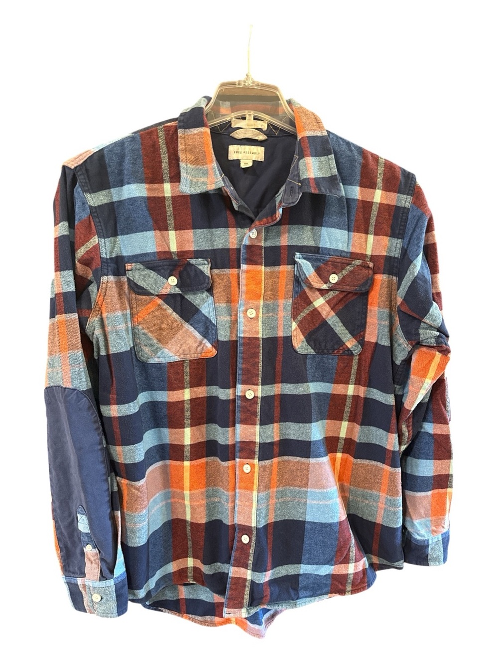 Casual Plaid Button-Down Shirt in Navy, Orange & Light Blue